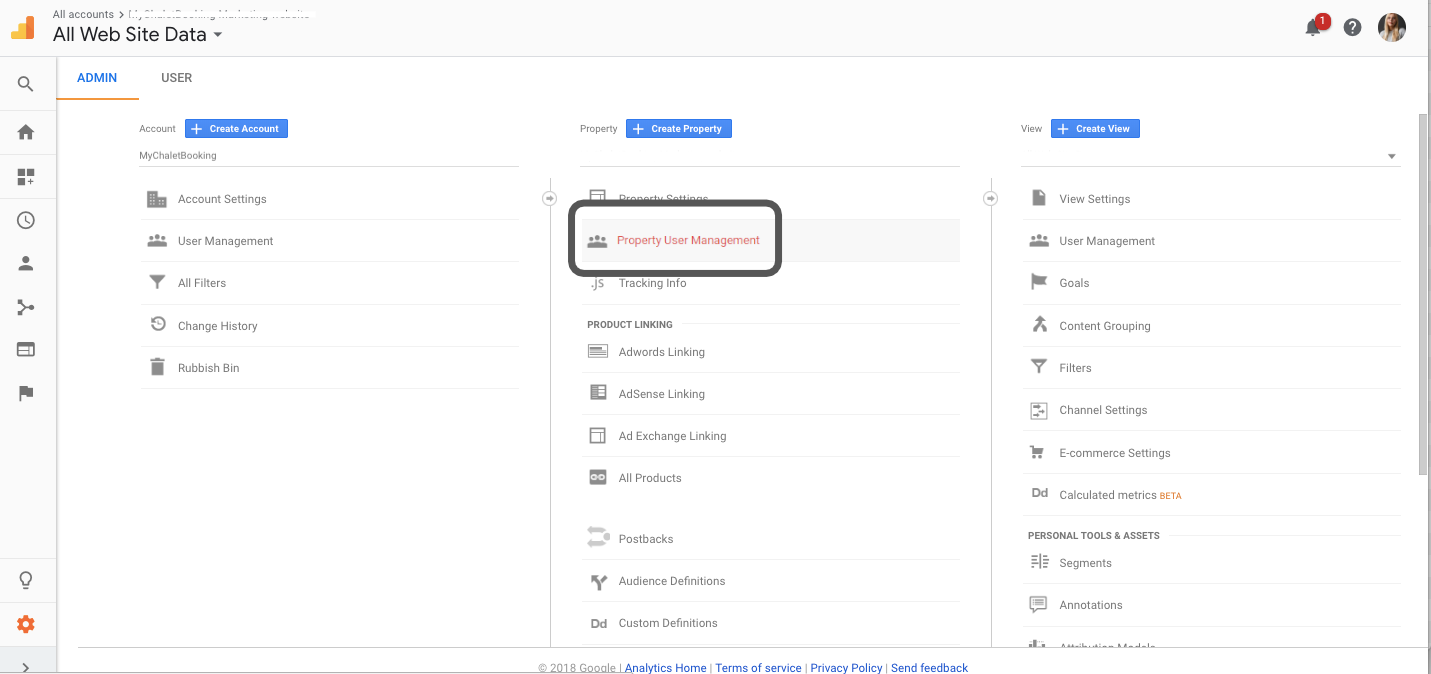 Selecting property user management in Google Analytics