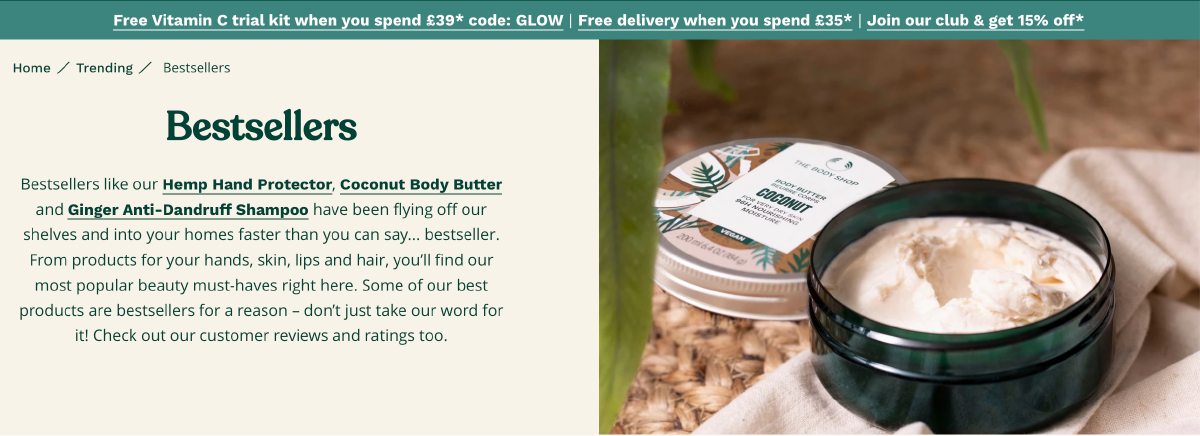 Example of call to actions in text with links on The Body Shop's website.