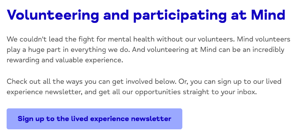 Example of an in text call to action with no link on Mind's website.