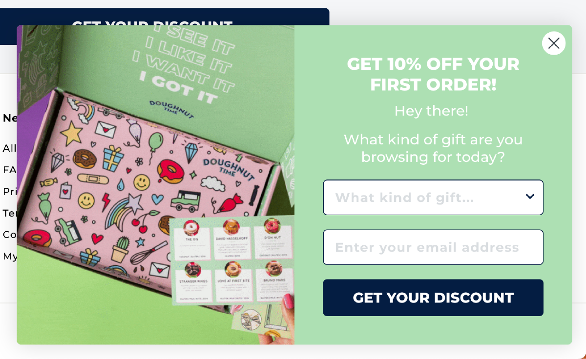 Example of pop-up call to action and form call to action on Doughnut Time's website.